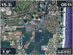 High resolution imagery with navigational charts overlaid.