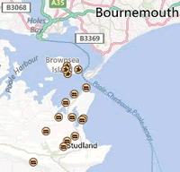 Map of geocache locations near Bournemouth, England