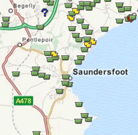 Map of geocache locations near Saundersfoot, Wales